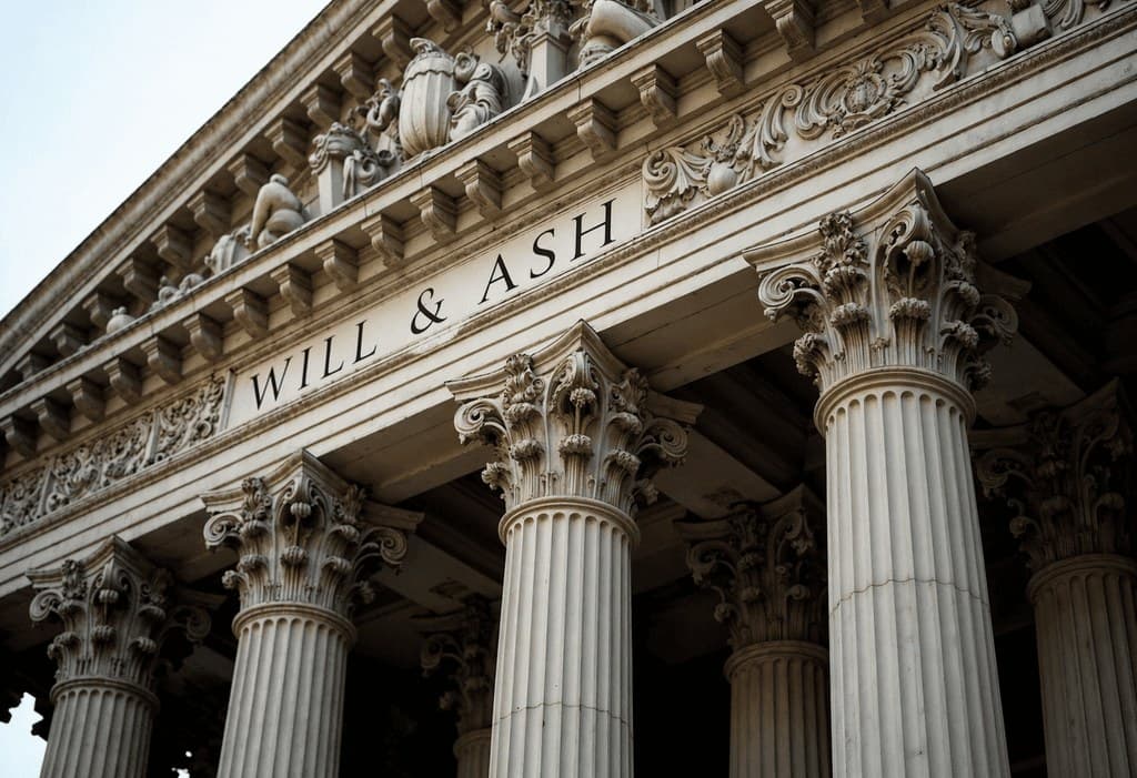 Classical stone columns with Will & Ash engraved on the entablature