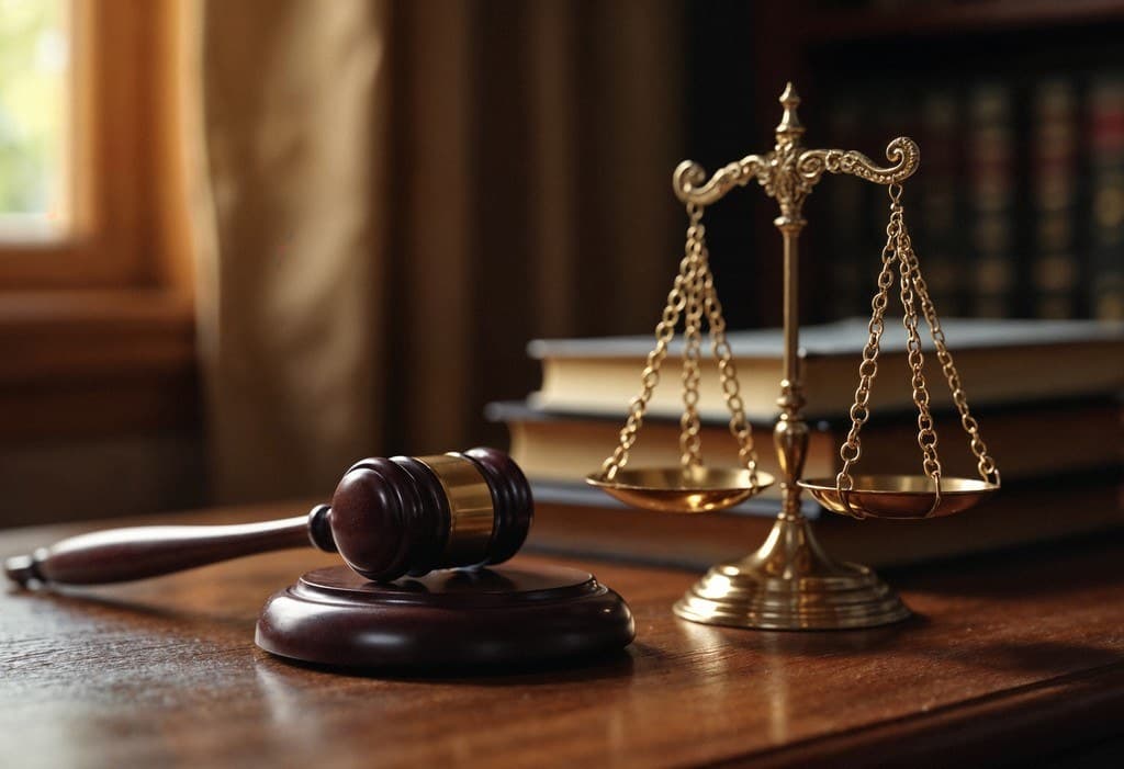 A gavel and brass scales of justice on a lawyer's desk